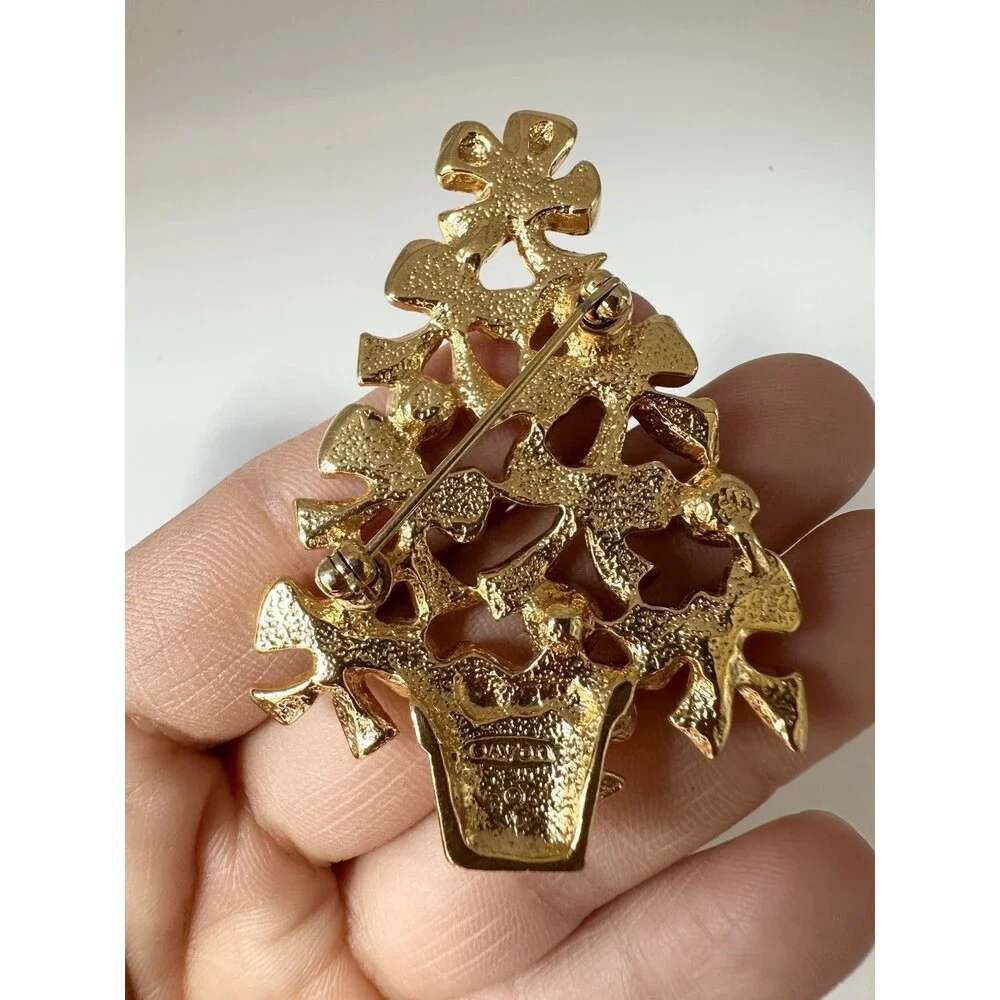 Vintage Christmas Tree Pin Brooch Iridescent Rhinestone Stones Gold Tone